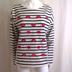 J Crew Top Size M Navy and White Stripe Embroidered Red Lips Kisses